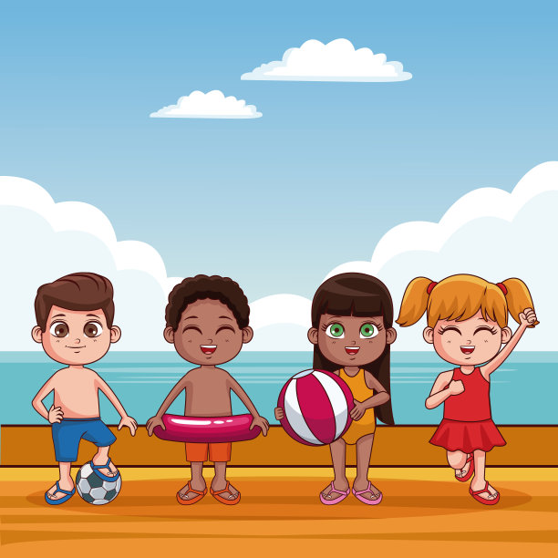 可爱的孩子在海滩卡通图片下载