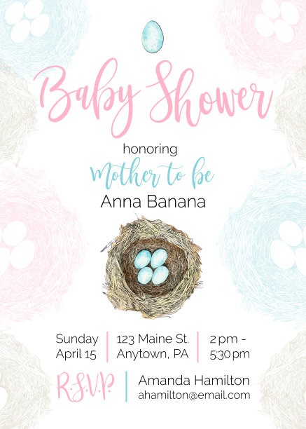 鸟巢向量婴儿淋浴邀请设计模板图片下载