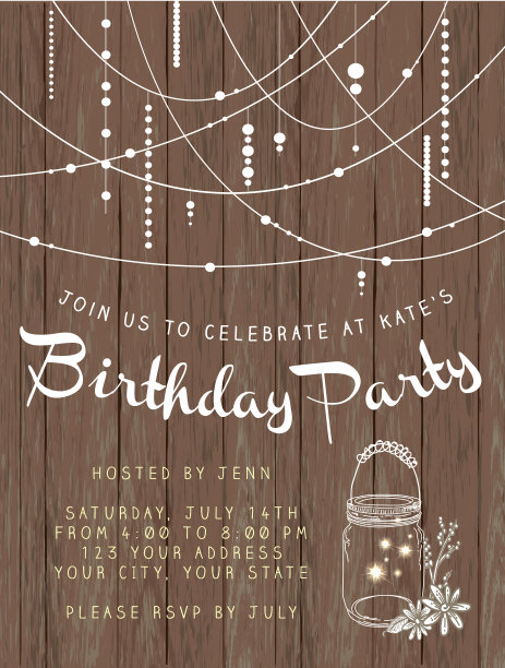 生日晚会串灯和质朴的木制背景设计邀请模板图片下载