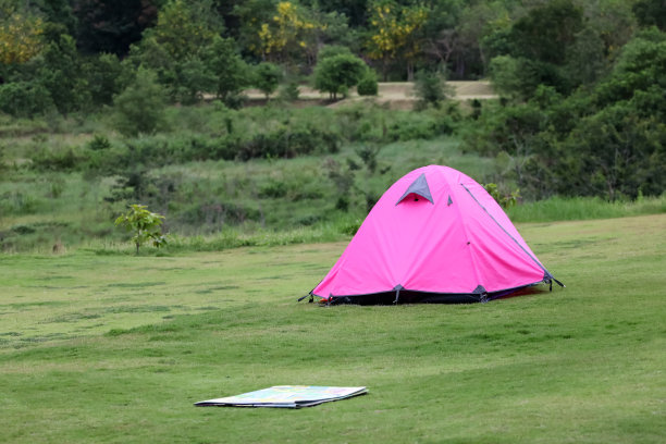 营地和帐篷在美丽的绿色自然景观草坪上图片下载