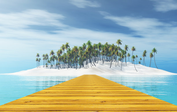 3D木制码头通向热带岛屿与棕榈树图片下载