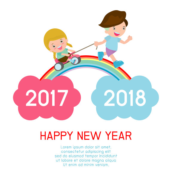 新年快乐小朋友背景，小朋友在彩虹上奔跑。在2017年和2018年之间的彩色矢量插图图片下载