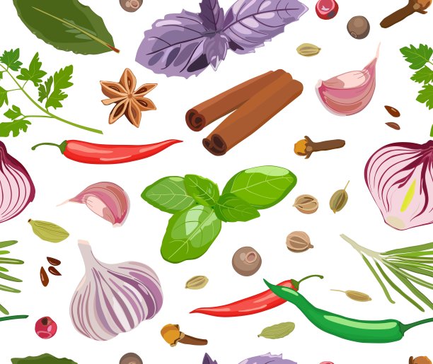 无缝的图案与香料和调味料在白色的背景。向量图片下载