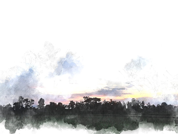 抽象的树木和田野风景的水彩插图绘画背景。图片下载