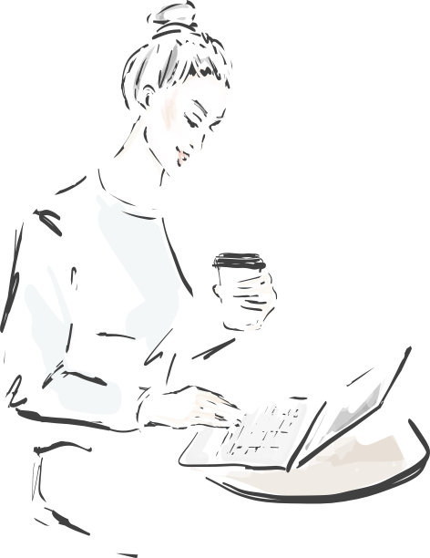 拿着笔记本和咖啡的女孩。美丽的年轻女子在café。手绘插图图片下载