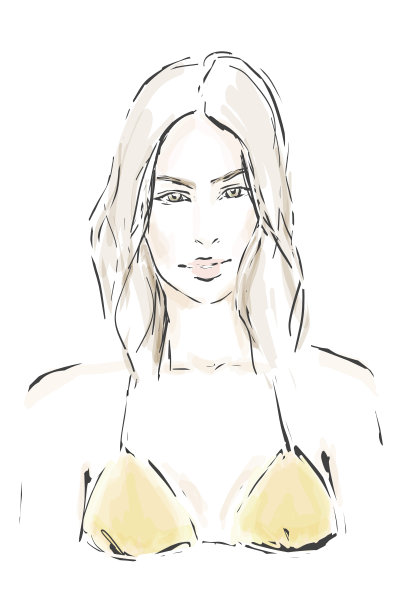 手绘肖像美丽的年轻女子在比基尼。草图图片下载
