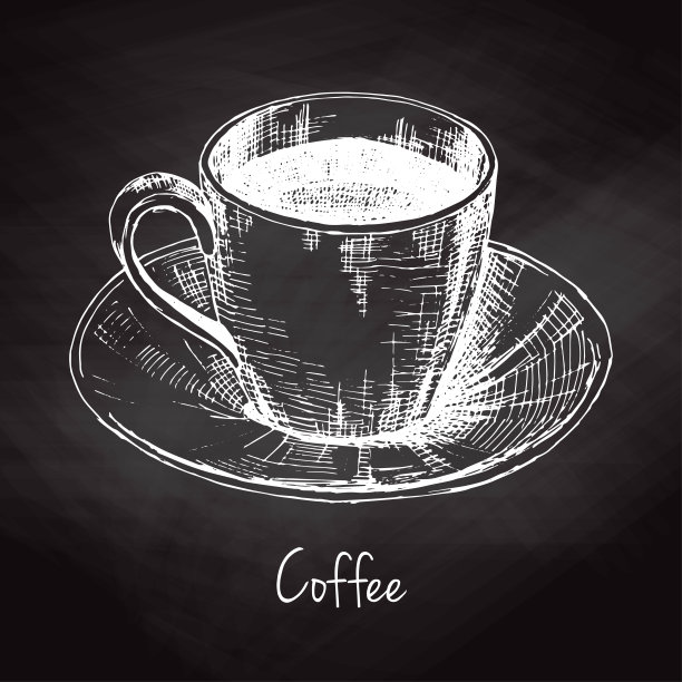 把一杯咖啡速写在茶托上。题词是咖啡。矢量插图的草图风格图片下载