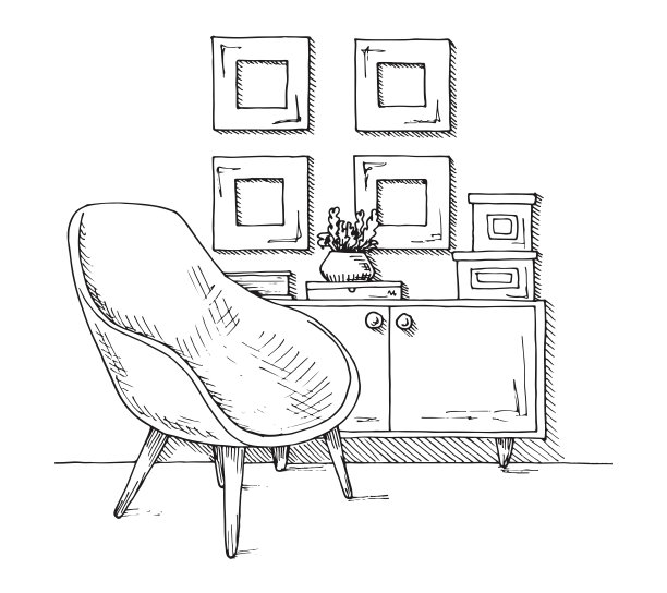 扶手椅，有花瓶的橱柜。手绘矢量插图的草图风格。素材图片