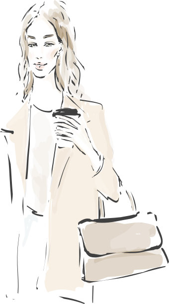 时髦漂亮的女孩手里拿着一杯咖啡。美丽年轻女子的手绘肖像。草图图片下载