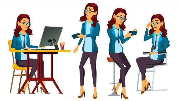 上班族向量。女人。成功的官员，职员，仆人。在行动。秘书,会计。成人业务的女人。情绪,手势。独立平面卡通插图图片下载