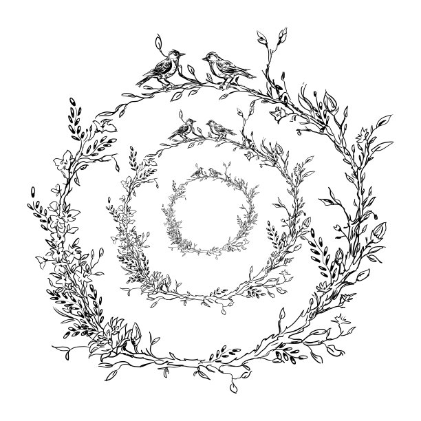 优雅可爱的插图。鸟儿栖息在每根树枝上。纺织及工业用印刷。还有一个美丽浪漫的花枝相框。矢量图图片下载