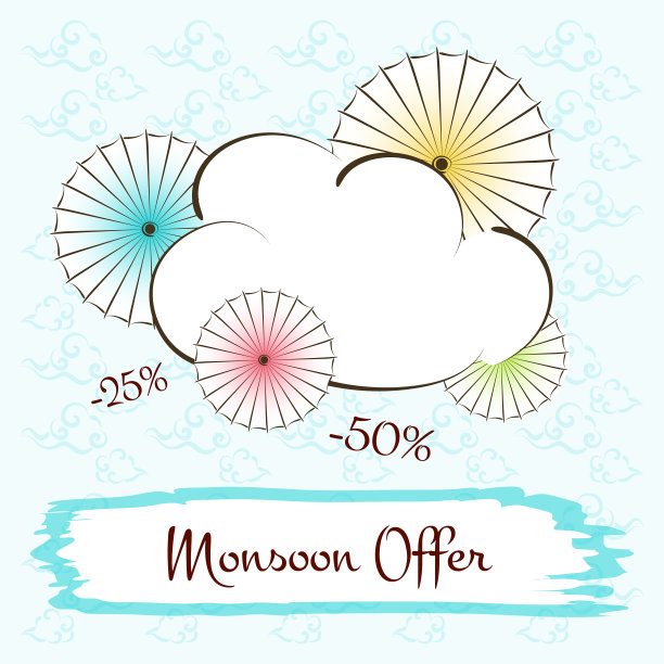 季风提供季节销售旗帜向量。插图与彩色云和伞与空白文本背景。图片下载