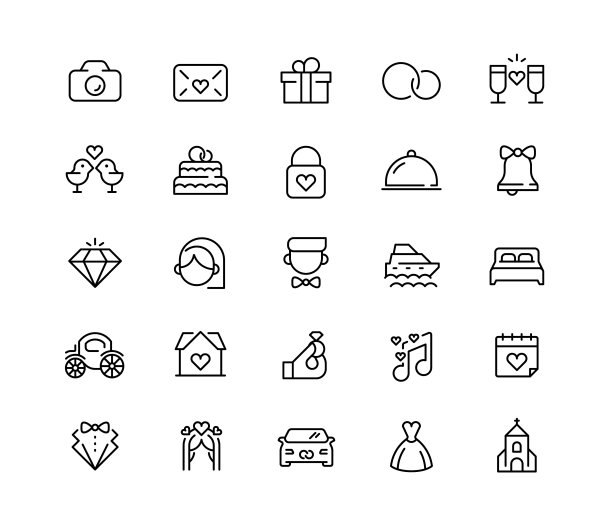 婚礼矢量图标设置在线条风格。64 x64像素完美。图片下载