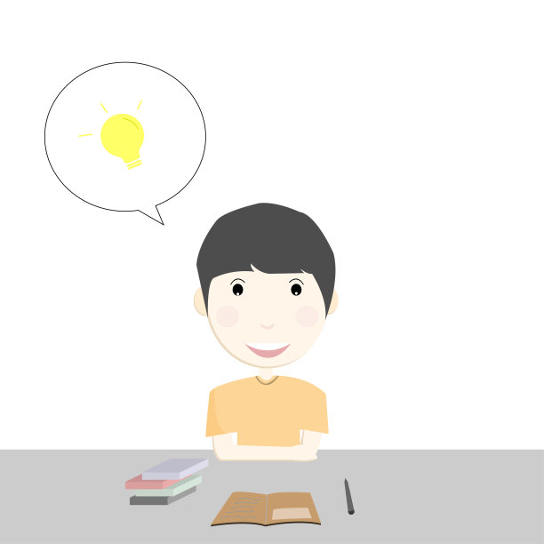 一个男生正坐在桌子旁，桌上放着书、笔记本和笔，说话冒泡。矢量插图字符设计。图片下载