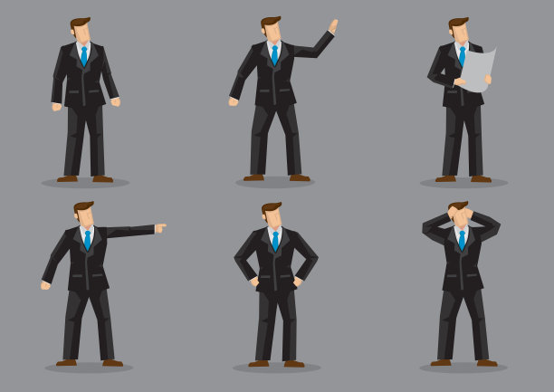 商人在黑色全套西装和蓝色领结矢量字符设计图片下载