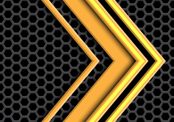 抽象的黄色箭头重叠六边形网格设计现代未来的背景矢量插图。图片下载