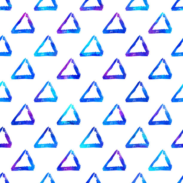 无缝图案刷彩色三角形。白色背景上的蓝色。手绘的田庄纹理。墨水的几何元素。时尚现代风格。无尽的幻想格子织物印花。水彩素材图片