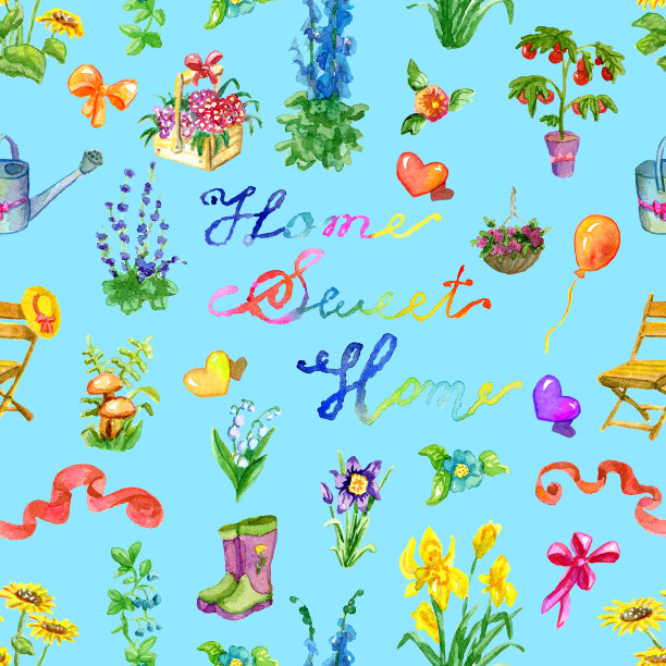 花园物品、花卉、蘑菇、字母和装饰品无缝背景图片下载