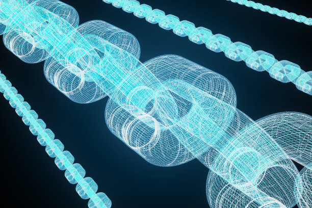 区块链概念，全息链。三维渲染图片下载