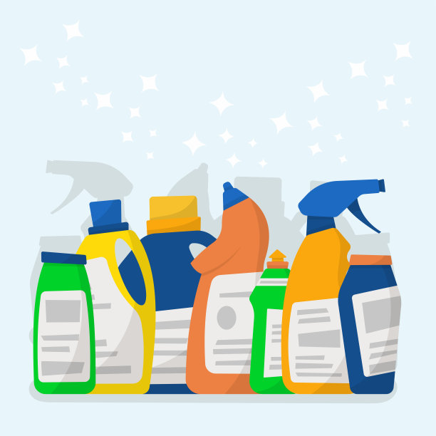 一套洗涤剂瓶子和容器，清洁用品。矢量插图，卡通风格图片下载