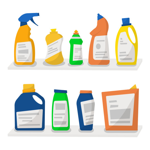 一套洗涤剂瓶子和容器，清洁用品隔离在白色背景。矢量插图，卡通风格图片下载