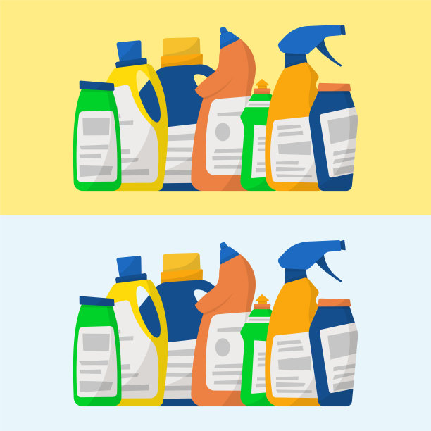 一套洗涤剂瓶子和容器，清洁用品。矢量插图，卡通风格图片下载