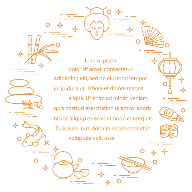 日本妇女的脸和灯笼、碗、筷子、寿司等东方文化的象征。图片下载