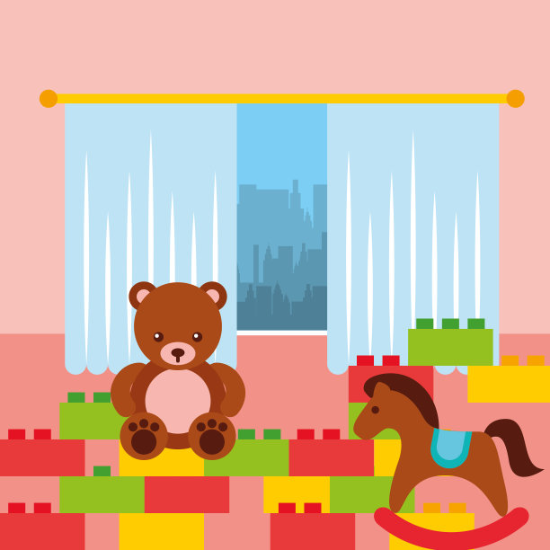 教室kinder熊摇木马和砖建筑玩具图片下载