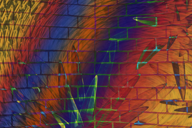 来自超现实色彩的植物和砖墙的荧光背景。酗酒和毒品主题的抽象幻觉。大麻或酒精的致幻热带效应。迷幻药的效果。大麻毒品。图片下载