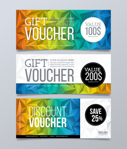 礼品和折扣券模板。水平横幅与几何背景。图片下载