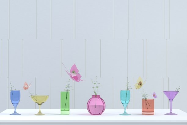 圣诞节和新年聚会的彩色玻璃背景。房间装饰以枝花，彩色水杯，蝴蝶，粉红色，蓝色，绿色，黄色，紫色，橙色在白色的桌子和墙壁上。三维渲染图片下载