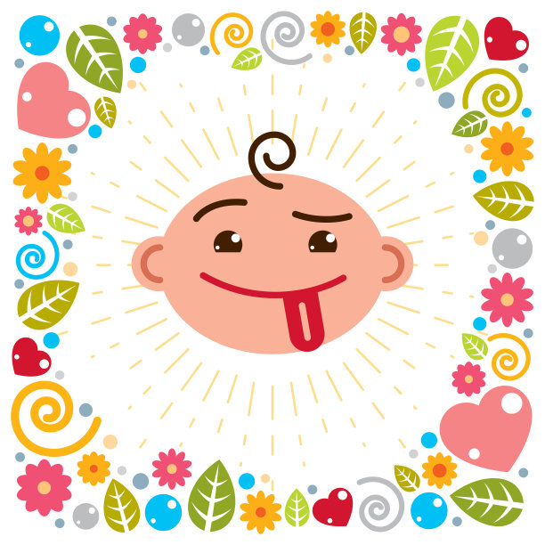 可爱的宝宝卡通矢量平面图标，可爱的快乐和微笑的孩子显示舌头表情。带着漂亮的童稚的花朵，心形和叶子。素材图片
