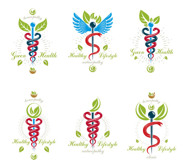 用蛇和绿叶创造的Caduceus向量概念标志。健康和和谐的隐喻。另类医学概念，植物疗法符号。图片下载
