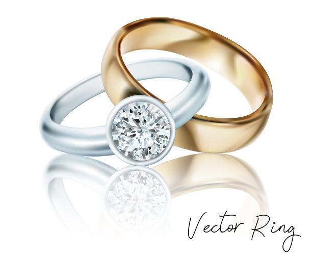 婚戒的金，银，钯金属与钻石，锆石和宝石在透明的背景孤立矢量插图广告，传单，wed网站销售元素设计图片下载