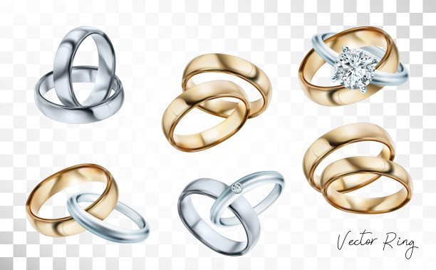 婚戒套银，黄金金属与钻石，锆石和宝石在透明背景孤立矢量插图广告，传单，wed网站销售元素设计图片下载