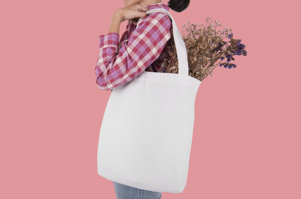 女孩正拿着包帆布织物与花样板空白模板孤立在粉红色的背景。图片下载