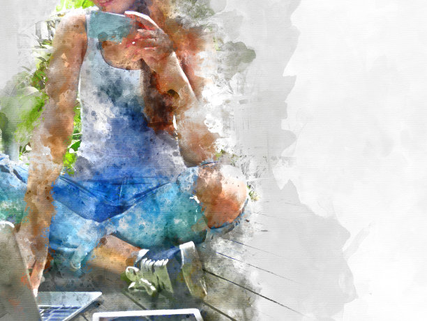 女性玩电脑为网上购物绘画背景。图片下载