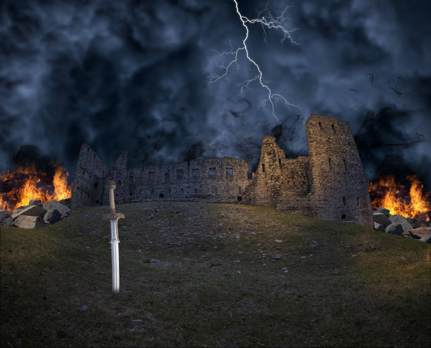 荒废的剑在燃烧的废墟上图片下载