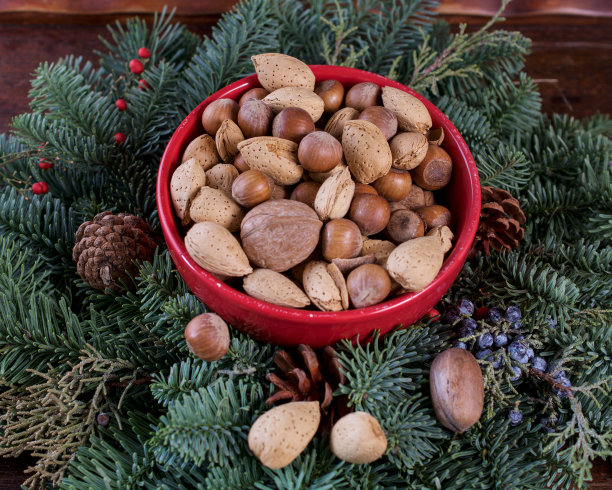 松树和毛皮装饰上的什锦坚果图片下载