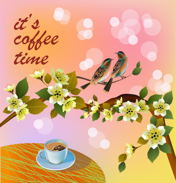 春光明媚，樱花盛开。春天桌上的咖啡。喝咖啡的时间到了。图片下载