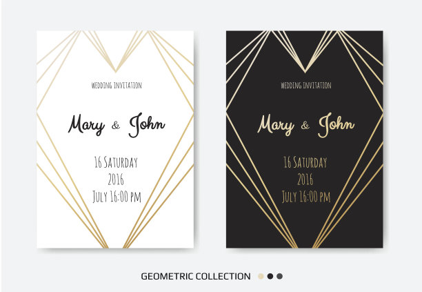 婚礼请柬，请柬卡片设计用几何艺术线条，金箔边框，相框图片下载
