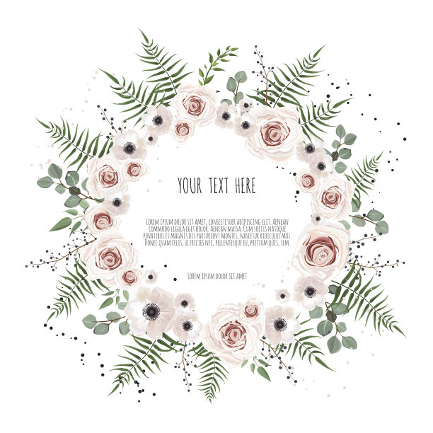 矢量花设计卡。问候，明信片婚礼邀请模板。优雅的框架与玫瑰和银莲花图片下载