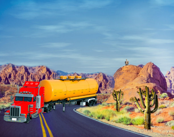 彩色油罐车穿越沙漠公路的3D插图图片下载