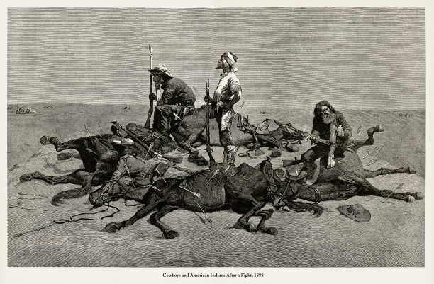 牛仔和美国印第安人争斗后雕刻，1888年图片下载