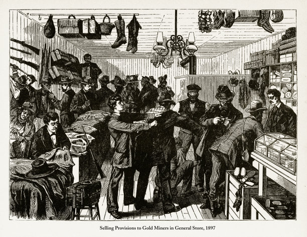 1897年：在杂货店向金矿工人出售补给品图片下载