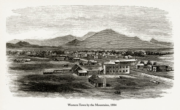 山脉旁的西部小镇，早期美国雕刻，1884年图片下载