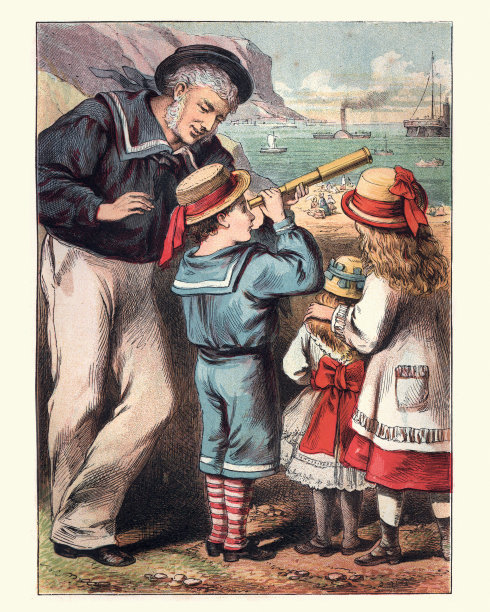 19世纪，维多利亚时代的孩子们在海边度假图片下载
