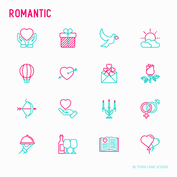 浪漫的细线图标集，与约会、蜜月、情人节有关。现代向量插图。图片下载