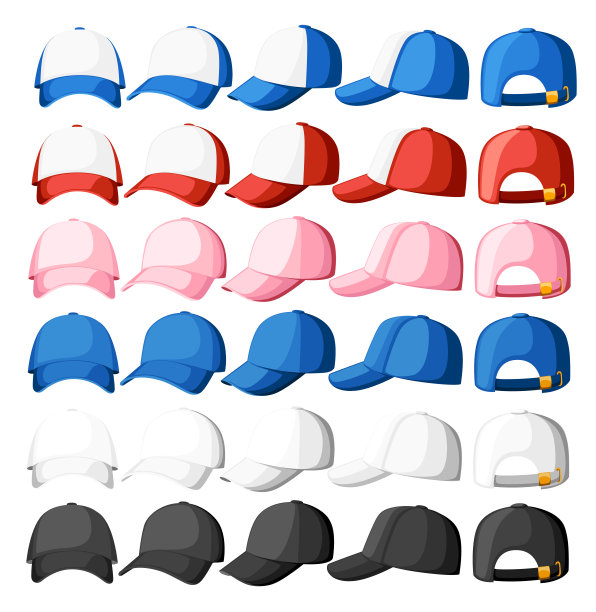 棒球帽。收集各种帽子。蓝色，白色，粉红色和红色。适合儿童和成人的夏季帽子。卡通风格的设计。矢量插图孤立在白色背景图片下载