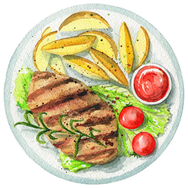 水彩烤牛排盘与沙拉，番茄酱，土豆和西红柿图片下载